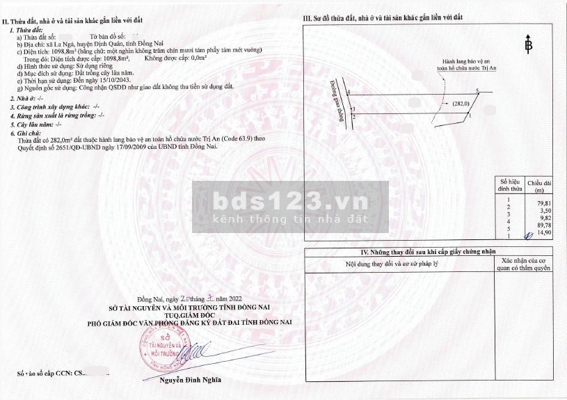 Bán đất thổ vườn - gần hồ Trị An 1098m2 ngang 13m, giá chỉ 1.2tr/m2, đường ôtô
