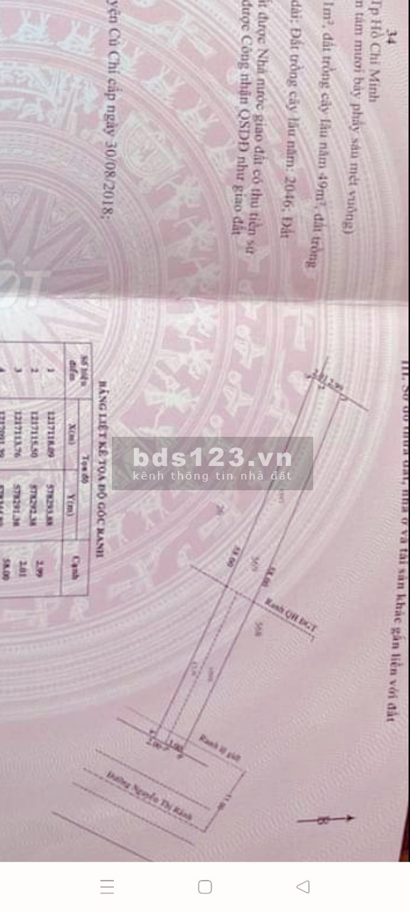 Đất thổ cư Củ Chi, diện tích 287m2, (5x57), MT Nguyễn Thị Rành, SHR vuông vức. 4.x Tỷ.
