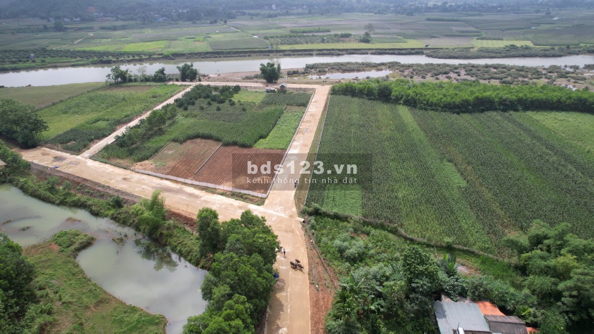 Bán đất lô góc 2 mặt tiền 43m, hơn 55m đường bê tông rộng 8m. cách sông Bôi 50m có bãi bồi rộng.