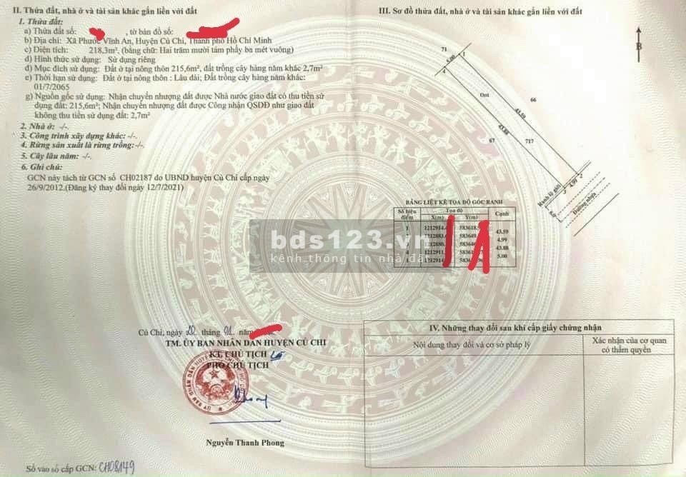 Bán đất thổ cư MT TL2 , Phước Vĩnh An, Củ Chi, chỉ 615tr 218,3m2