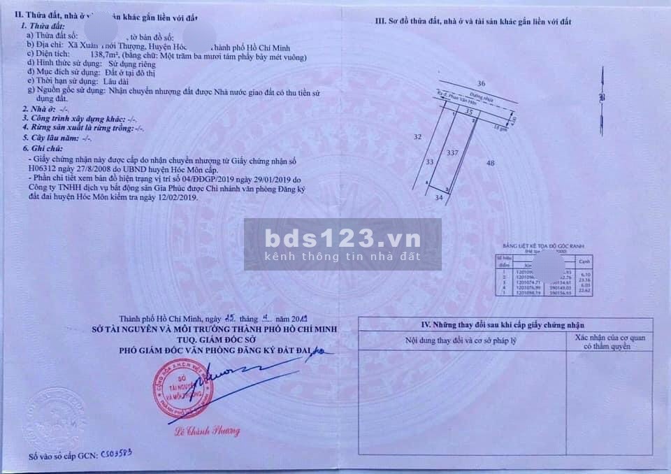 Bán đất 100% thổ cư Phan Văn Hớn-Xuân Thới Thượng-Hóc Môn 137,8m2 SHR 490tr