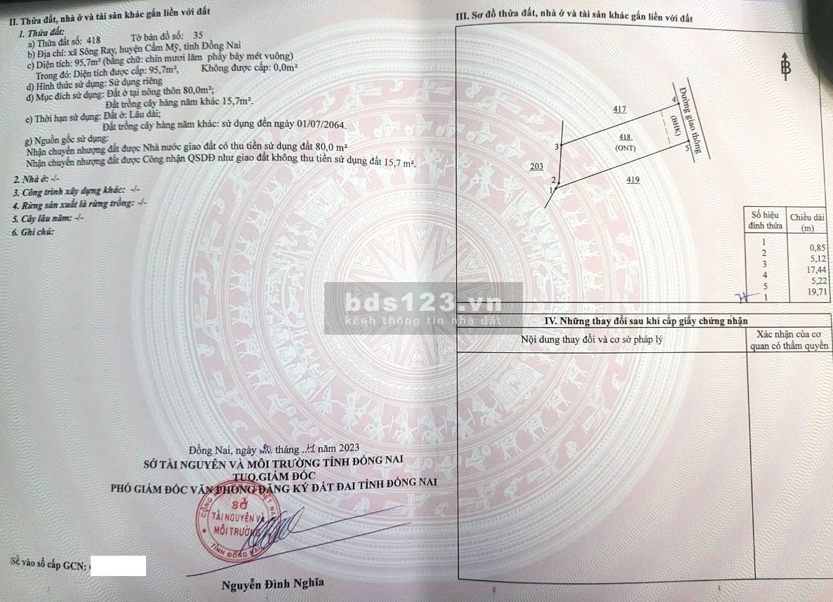 Chính chủ bán đất thổ cư 95,7 m2 Huyện Cẩm Mỹ, Đồng Nai. Giá 720 triệu