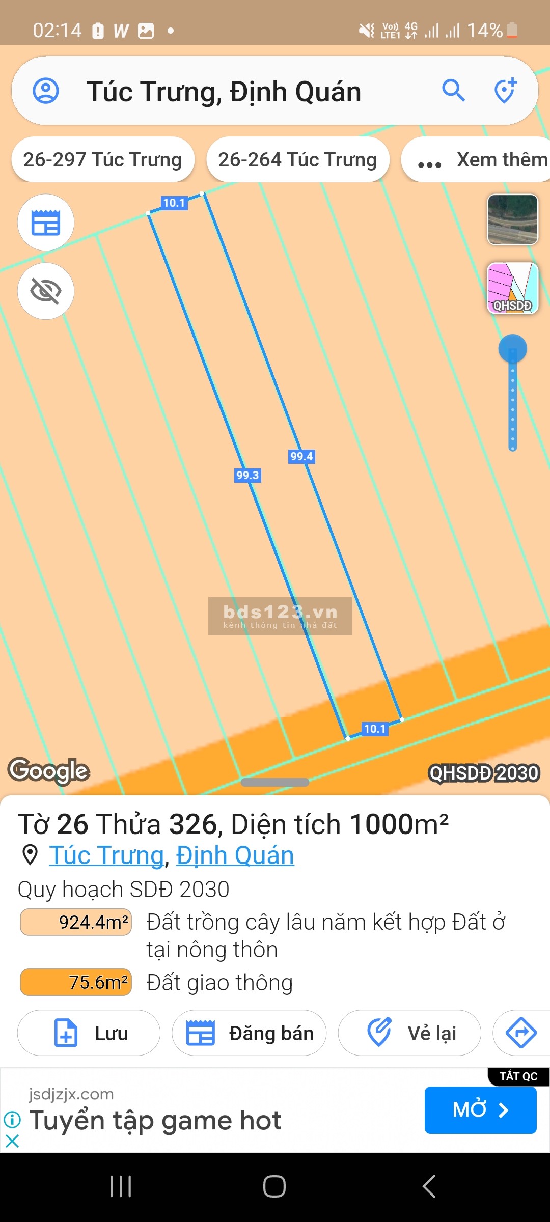 Bán đất vườn mặt tiền đường nhựa 19m giá 990tr/1000m2 ở Túc Trưng, Định Quán, Đồng Nai.