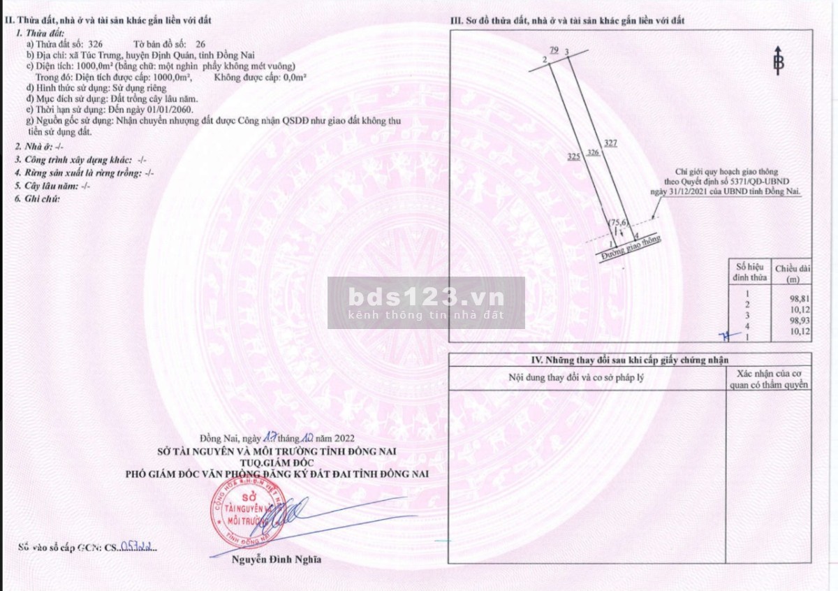 Bán đất vườn mặt tiền đường nhựa 19m giá 990tr/1000m2 ở Túc Trưng, Định Quán, Đồng Nai.