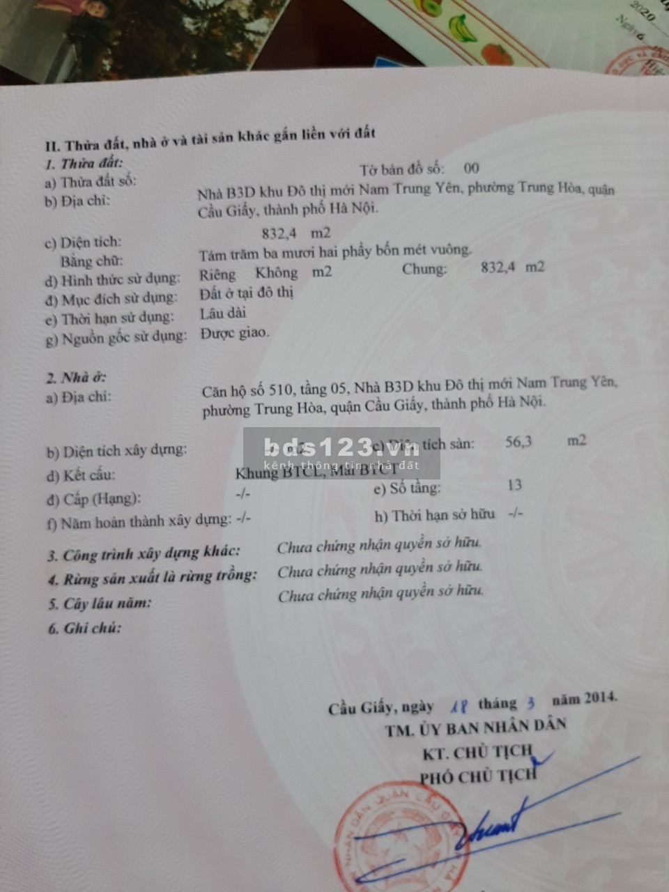 Bán gấp căn hộ chung cư B3D Nam Trung Yên, Cầu Giấy, HN.
