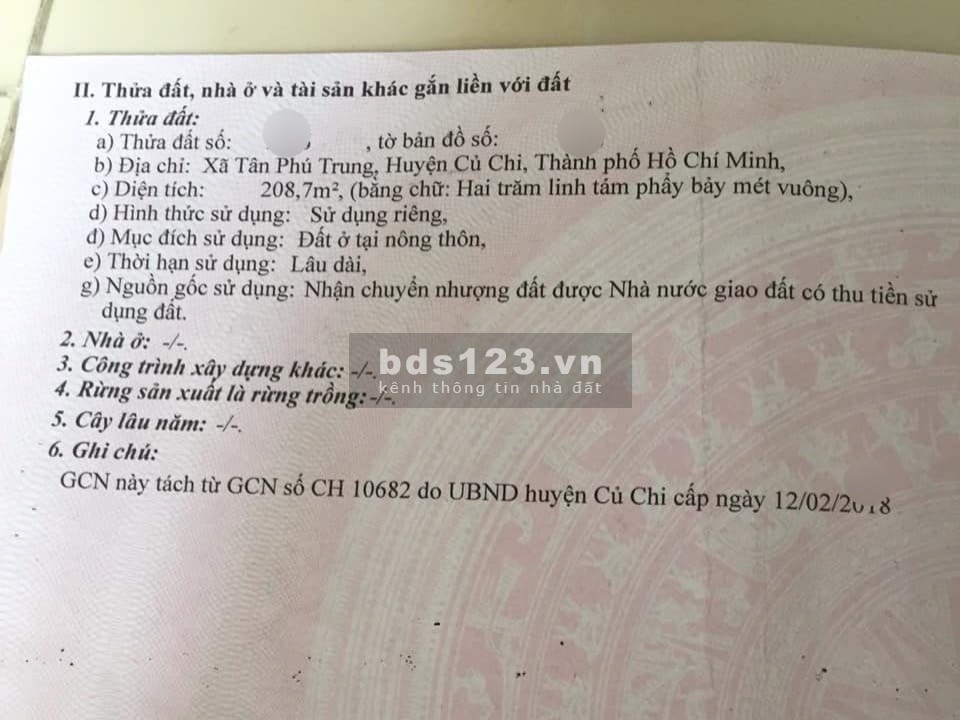 Đất thổ cư 208m2, SHR, 730 triệu đường Hồ Văn Tắng, Tân Phú Trung, Củ Chi
