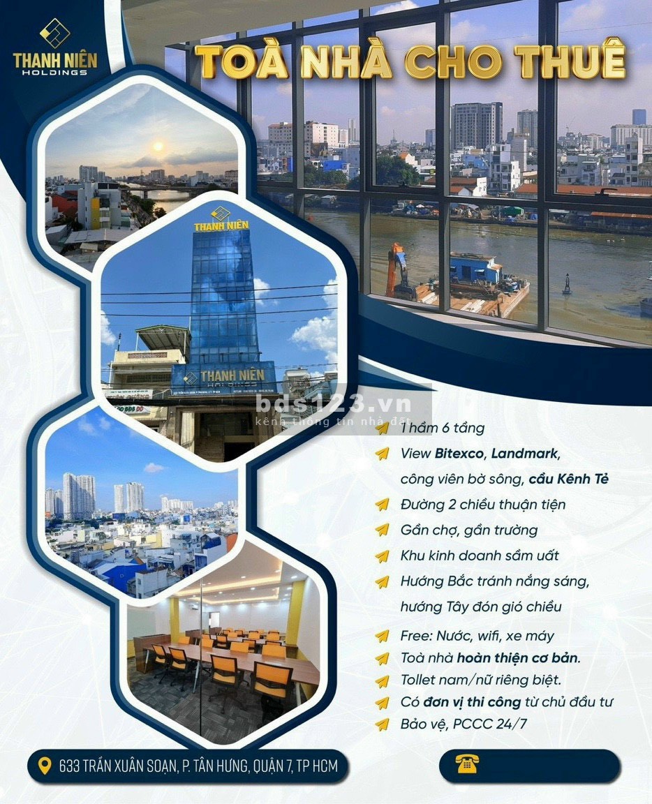 Cho thuê văn phòng lầu 2, 3, 5 thang máy, Trần Xuân Soạn P.Tân Hưng giá 8tr/tháng