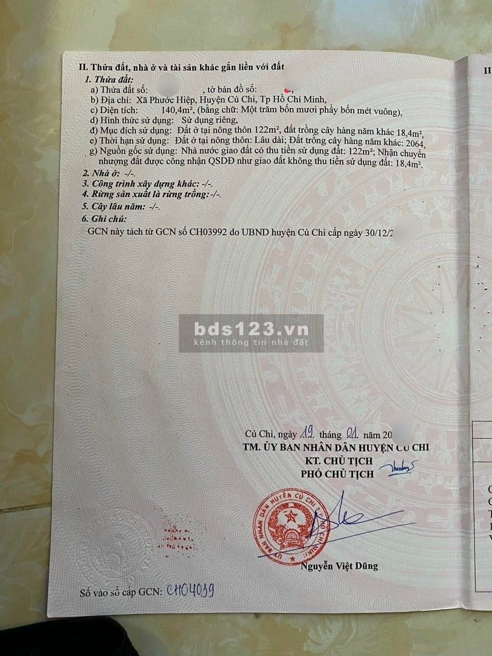 Đất thổ cư Tân Phú Trung, Củ Chi, 105,7m2, SHR, 525 triệu