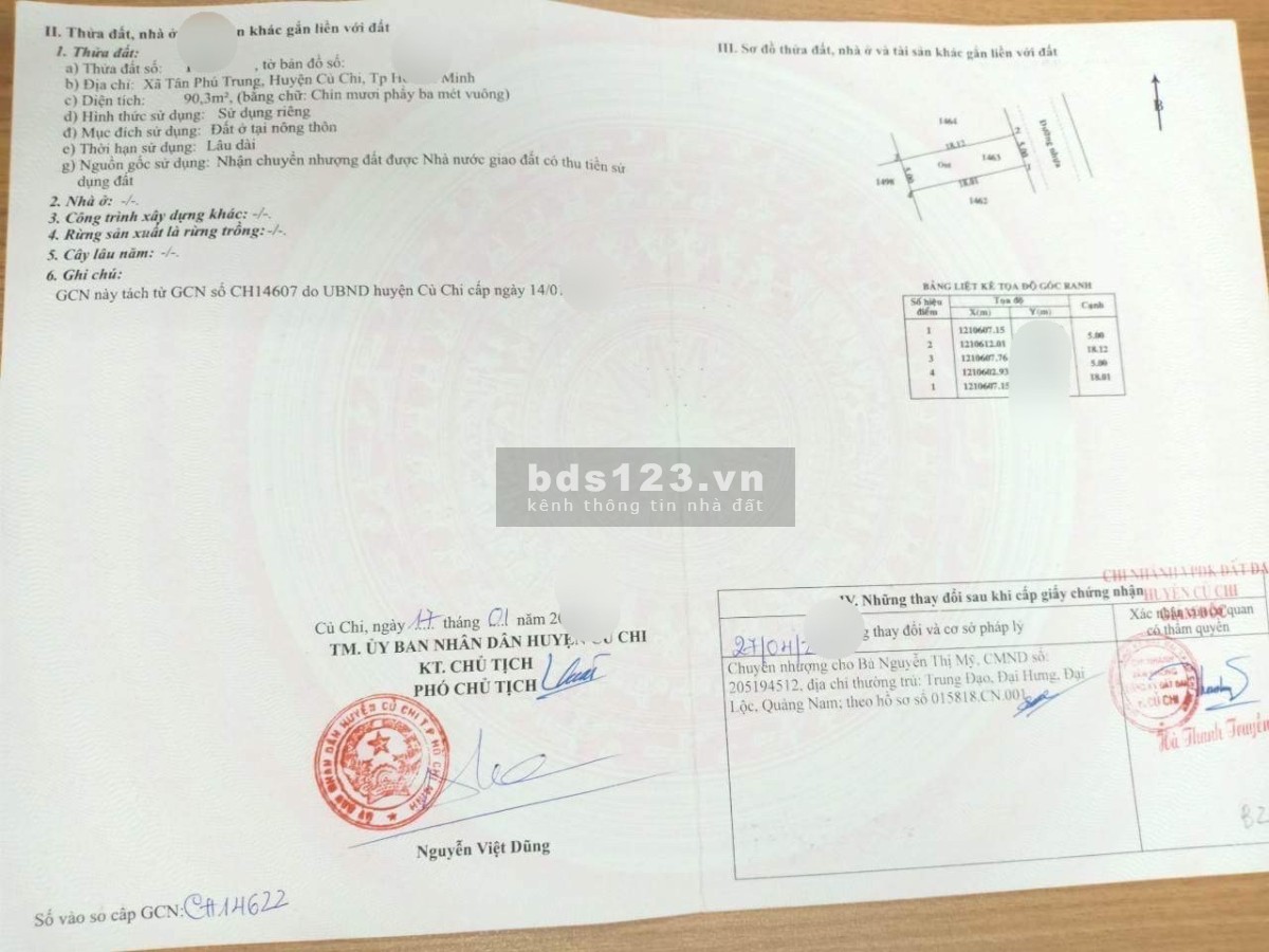 Đất thổ cư đường Giồng Cát, Xã Tân Phú Trung 90,3m2 SHR giá 490tr