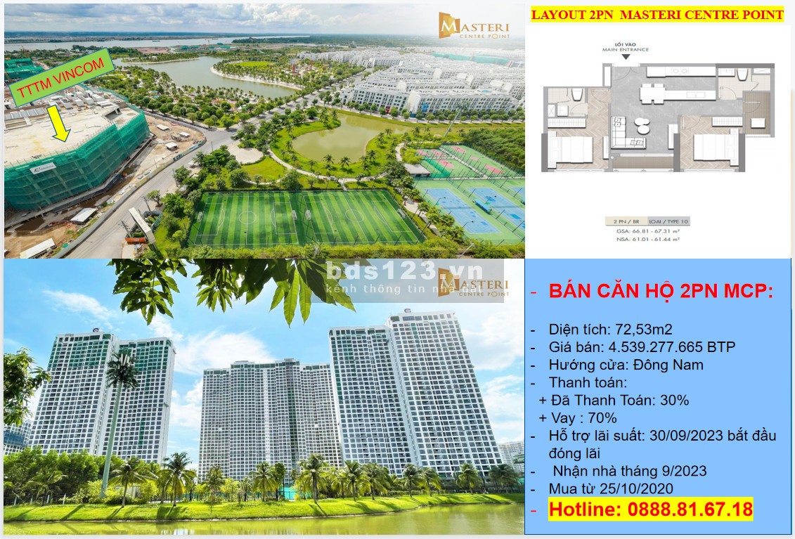 Bán căn hộ Masteri Centre Point tại Vinhomes Grand Park TP. Thủ Đức , 2 pn, DT: 72m2, Giá 4.6ty