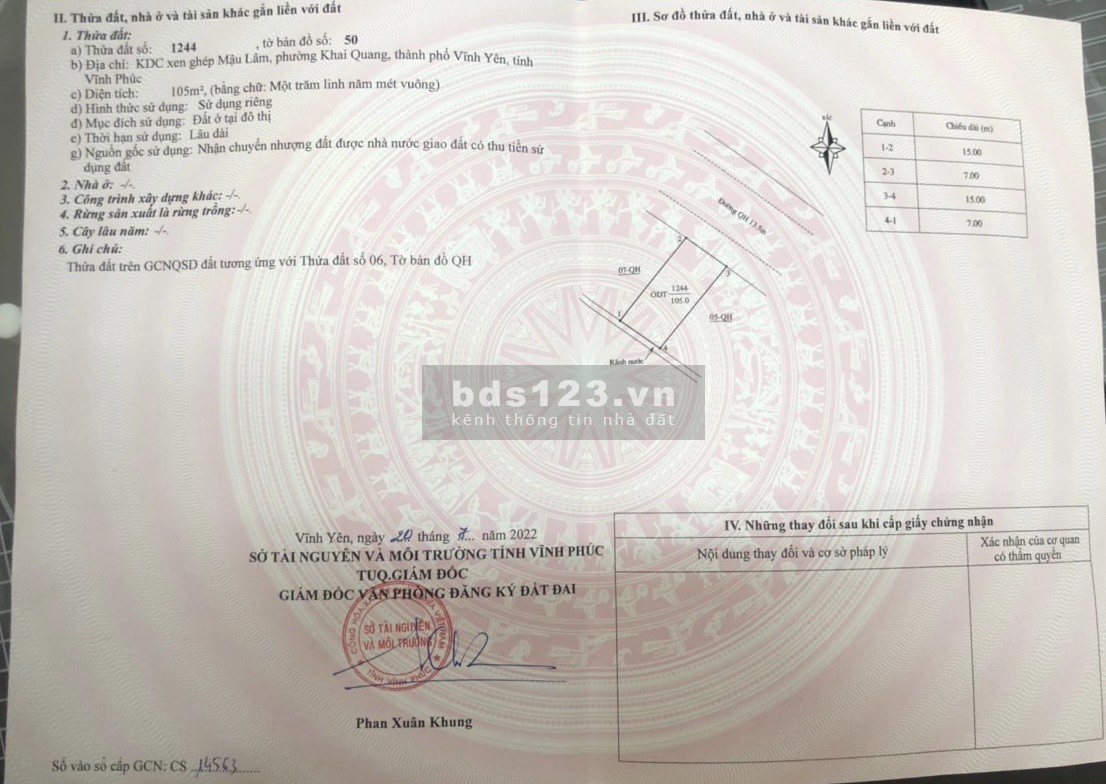 Bán đất xen ghép Mậu Lâm, Khai Quang, Vĩnh Yên 105m2, giá: 17,x tr/m2.