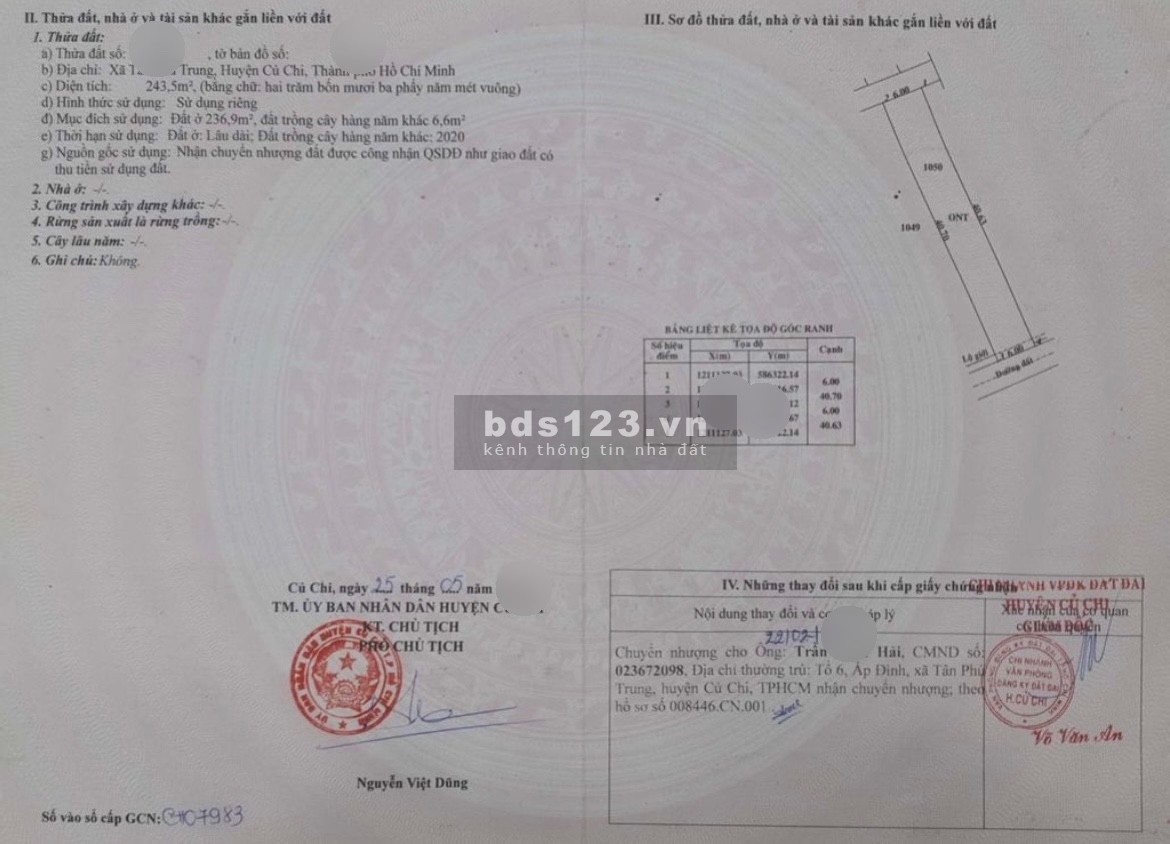Đất thổ cư, 243.5m2, SHR, 575tr, đường Hồ Văn Tắng, Tân Phú Trung, Củ Chi
