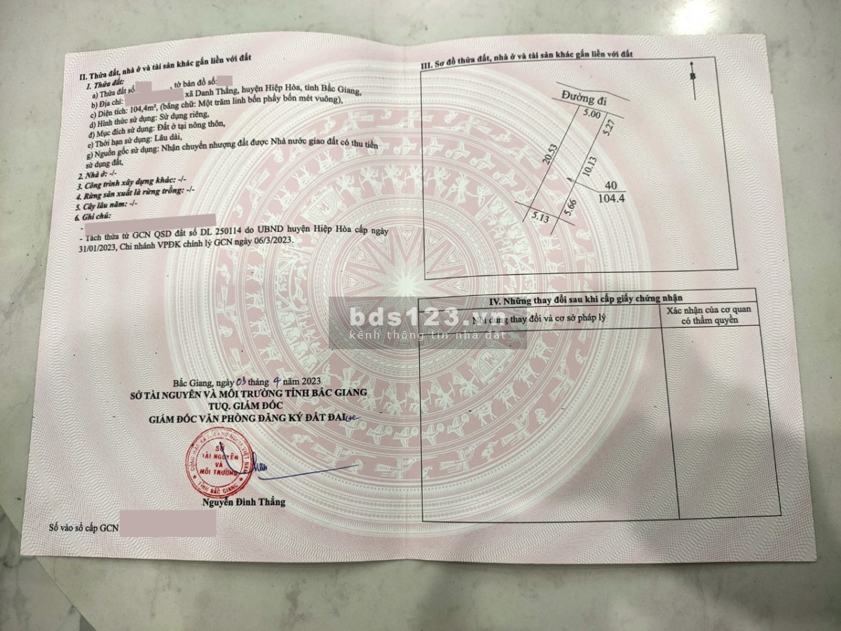 Ông bác nhờ bán thửa đất 105m ( full thổ cư ) Tại Danh Thắng, Hiệp Hoà, Bắc Giang