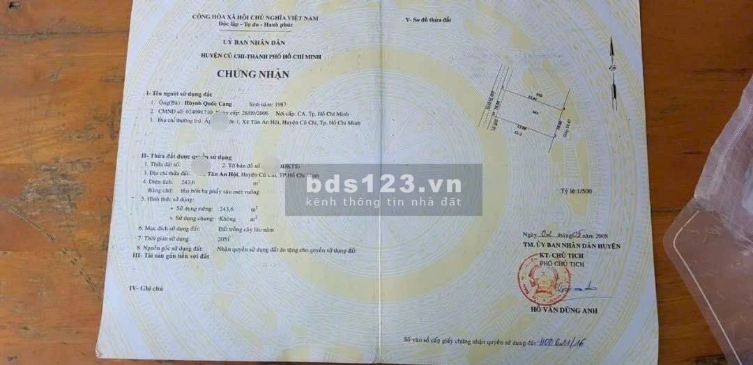 Bán đất 243m2 (8x30) thổ cư giá 870tr, SHR, Nguyễn Văn Khạ,Tân AN Hội, Củ CHi