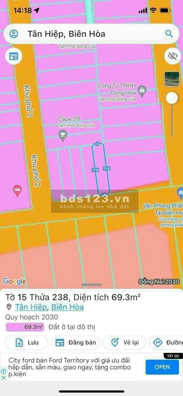 Bán lô đất đẹp, cư xá B5 P.Tân Hiệp, đường nhựa 5m thông chỉ 2ty750