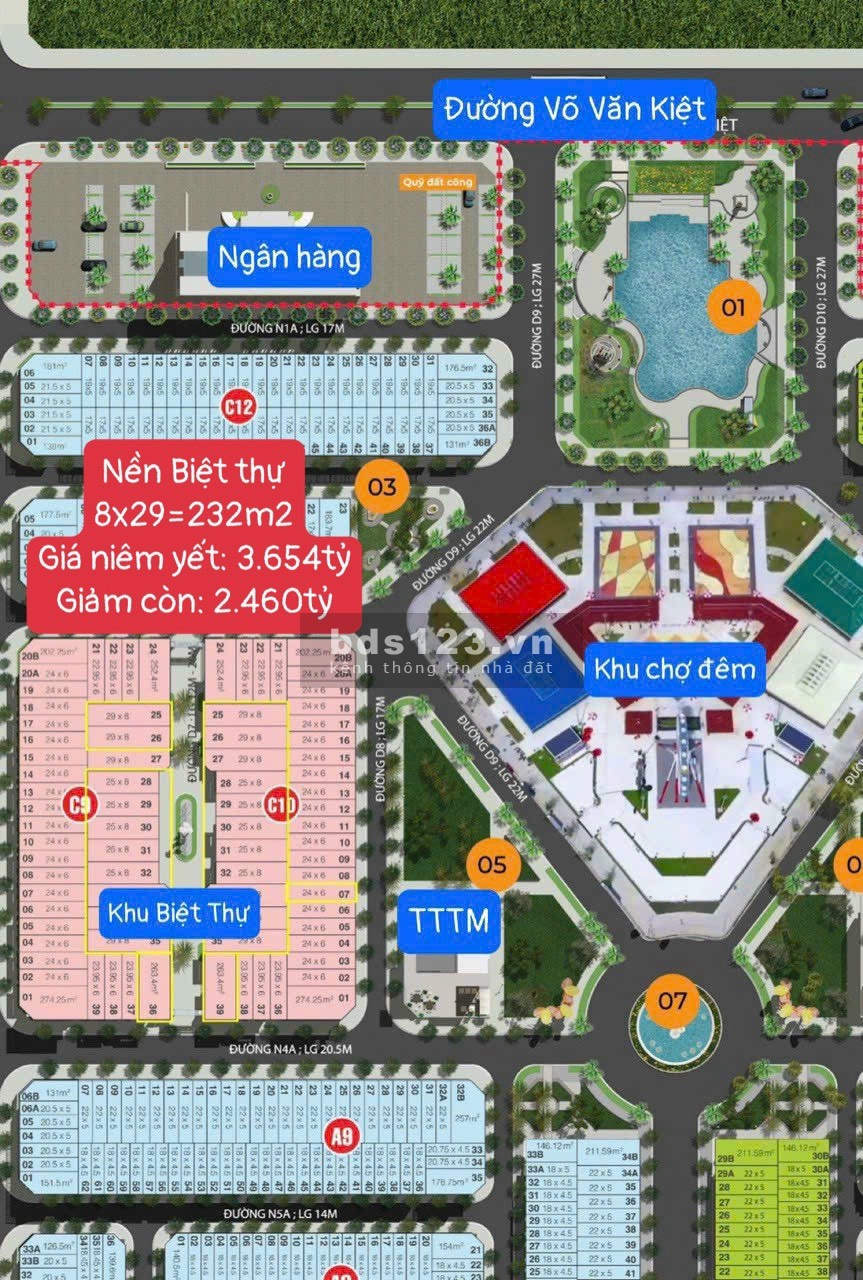 Nền biệt thự đối diện chợ đêm (8x29m2) giá 2 tỷ 337