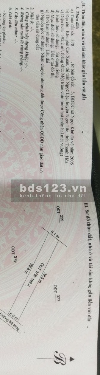 Chính chủ bán cắt lỗ lô đất tại TT Ngọc Lặc, S 192m2, LH0979425146