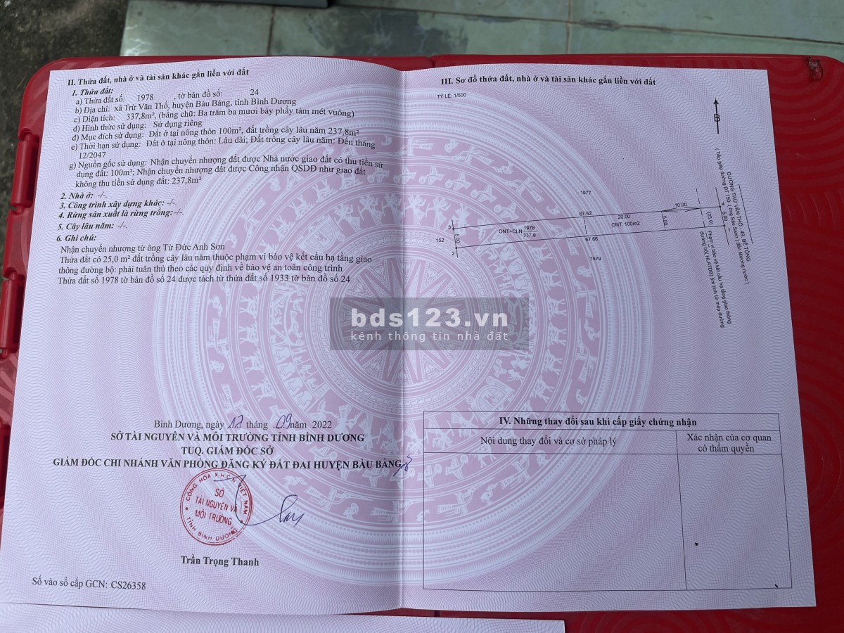 Bán gấp 340m đất thổ cư 100m xây nhà trọ, kho xưởng sx nhẹ tại Bàu Bàng, có hổ trợ bank