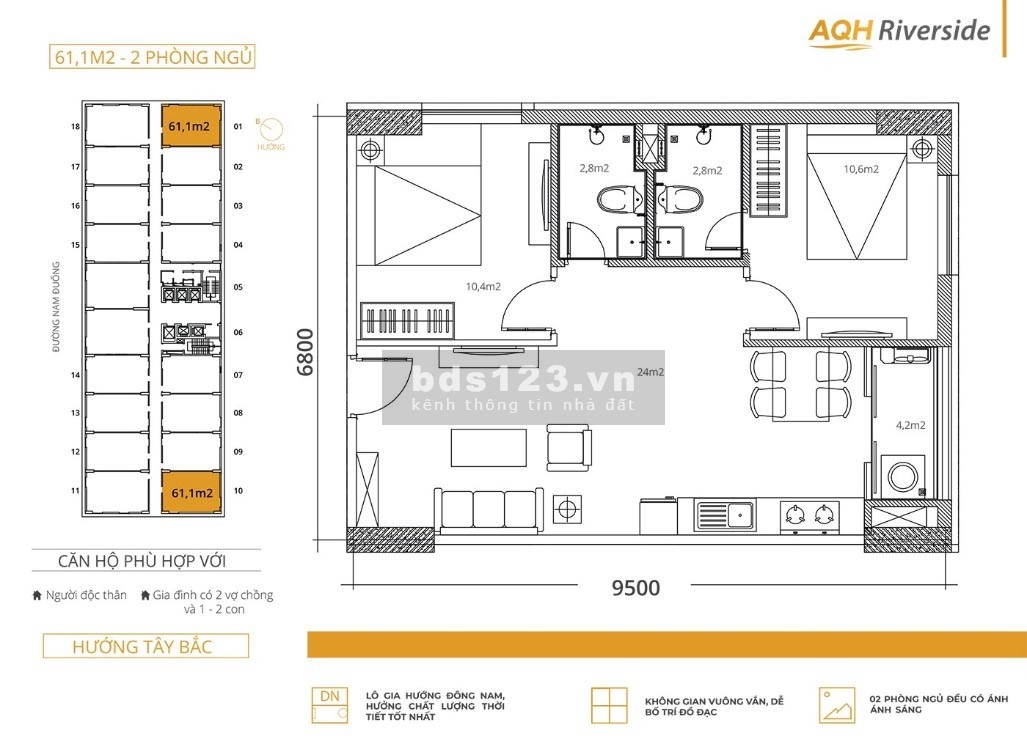 Bán chung cư AQH Riverside, căn ngoại giao 2PN, DT 73m², gần trung tâm giá 2,6 tỷ