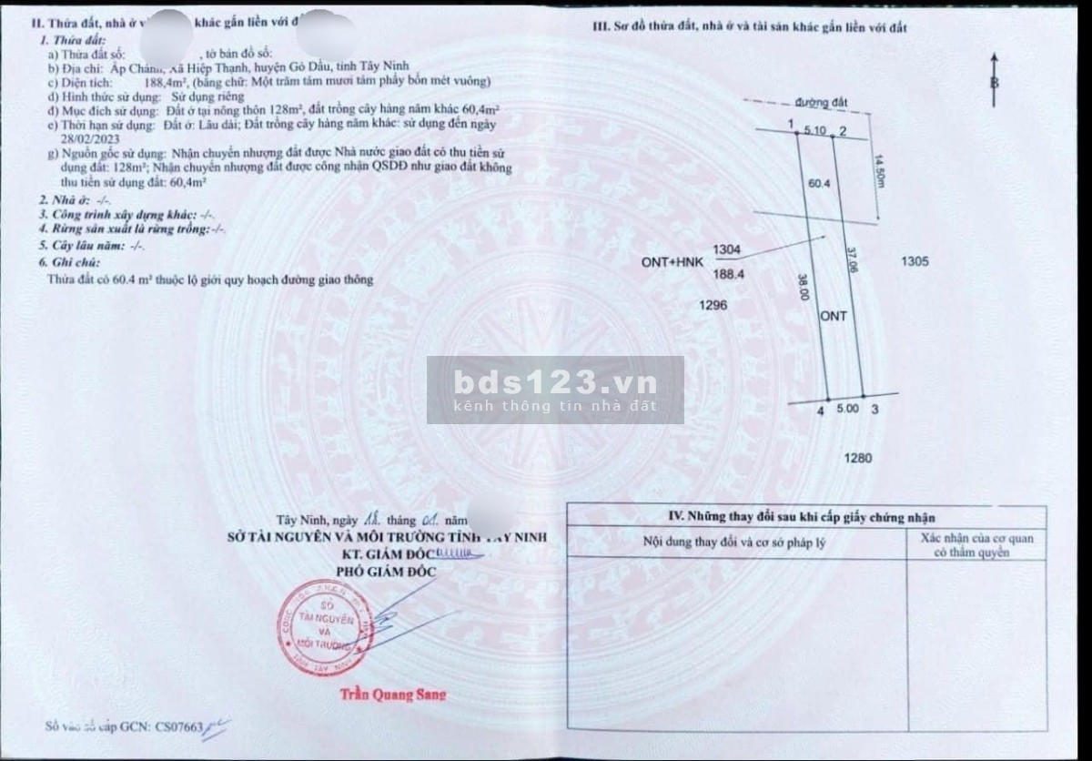 Đất chính chủ 188m2 ngay QL 22 vào 900m, Gò Dầu, Tây Ninh sổ sẳn 400tr