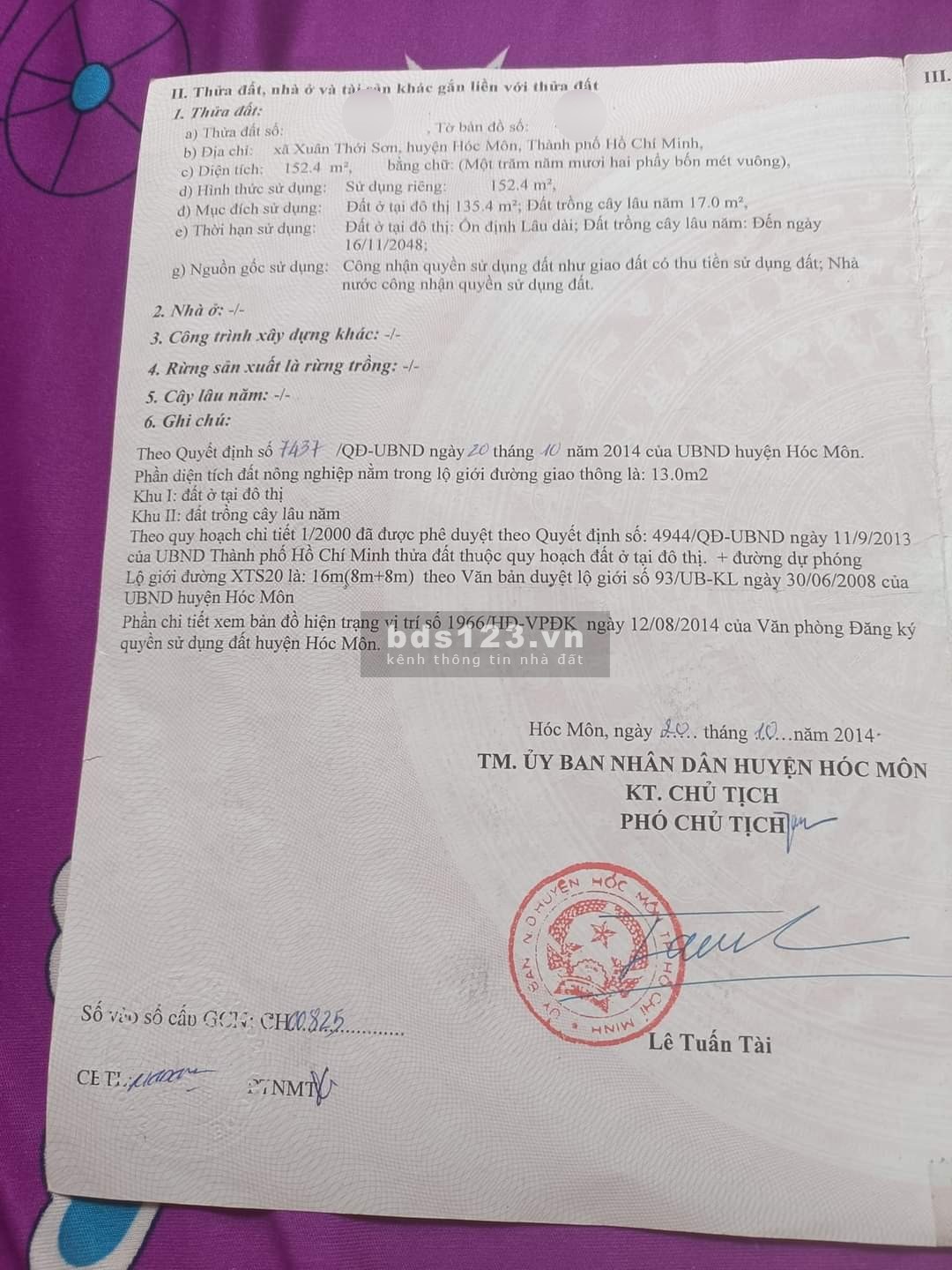 Bán lô đất Xã Xuân Thới Sơn, Huyện Hốc Môn. SHR diện tích 152m2 giá 790 triệu.