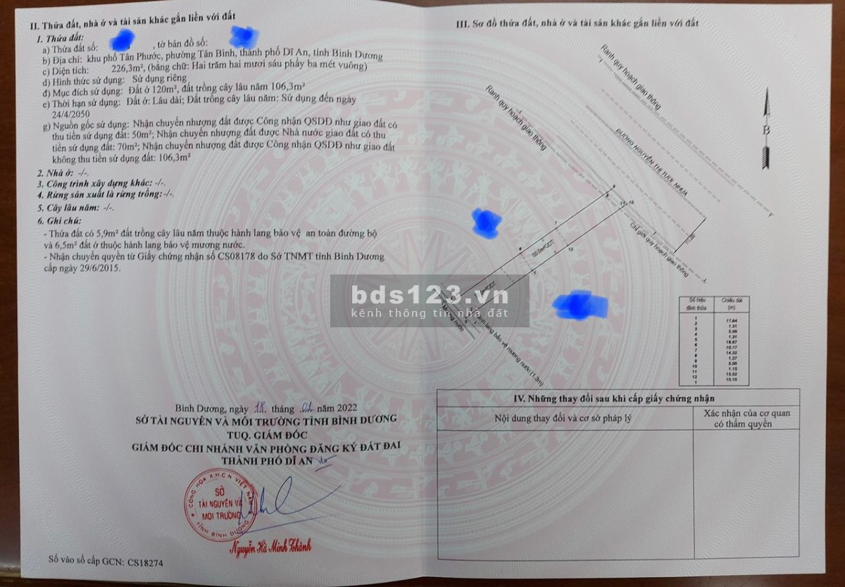 Chính chủ cần bán lô đất mặt tiền đường Nguyễn Thị Tươi, P. Tân Bình, Tp. Dĩ An. Giá bán 6.8 tỷ (TL)