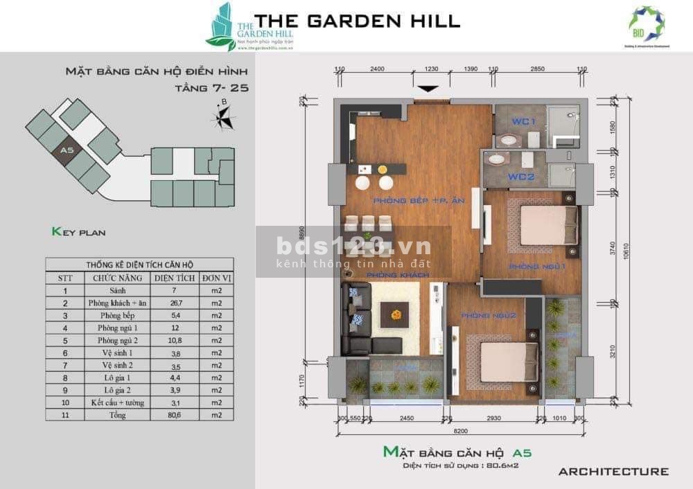 Bán căn hộ The gaden hill 99 Trần Bình - 90m -2N + 2wc - 3 tỷ