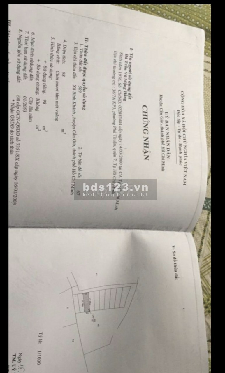Cần bán đất xã Bình Khánh cần giờ TP HCM DT ngang 5X19=98m thổ cư. Giá 790tr