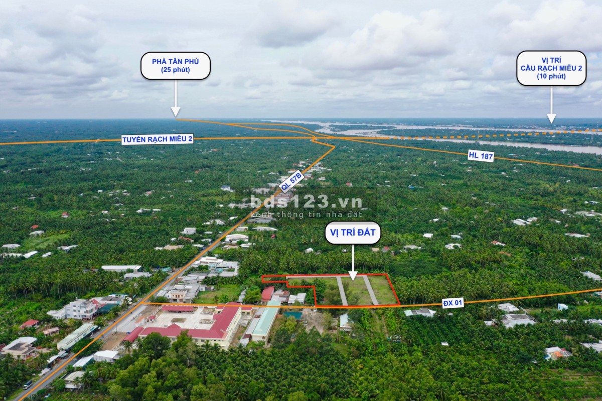 Bán nền góc 2 mặt tiền đường, thổ cư 100%, 100m2, gần trường cấp 2 An Khánh, Châu Thành, Bến Tre
