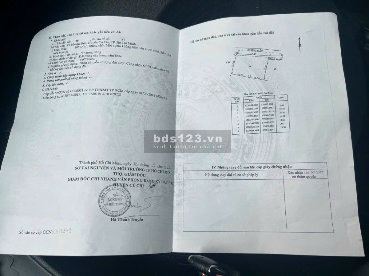Chủ gửi bán lô đất vườn mt đường 12m ngang 37x29 đường 526 Nhuận Đức ,Củ Chi