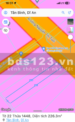Chính chủ cần bán lô đất mặt tiền đường Nguyễn Thị Tươi, P. Tân Bình, Tp. Dĩ An. Giá bán 6.8 tỷ (TL)