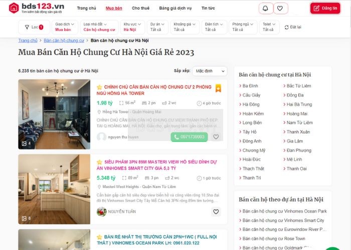 Thị trường đăng tin chung cư Hà Nội tại Bds123.vn