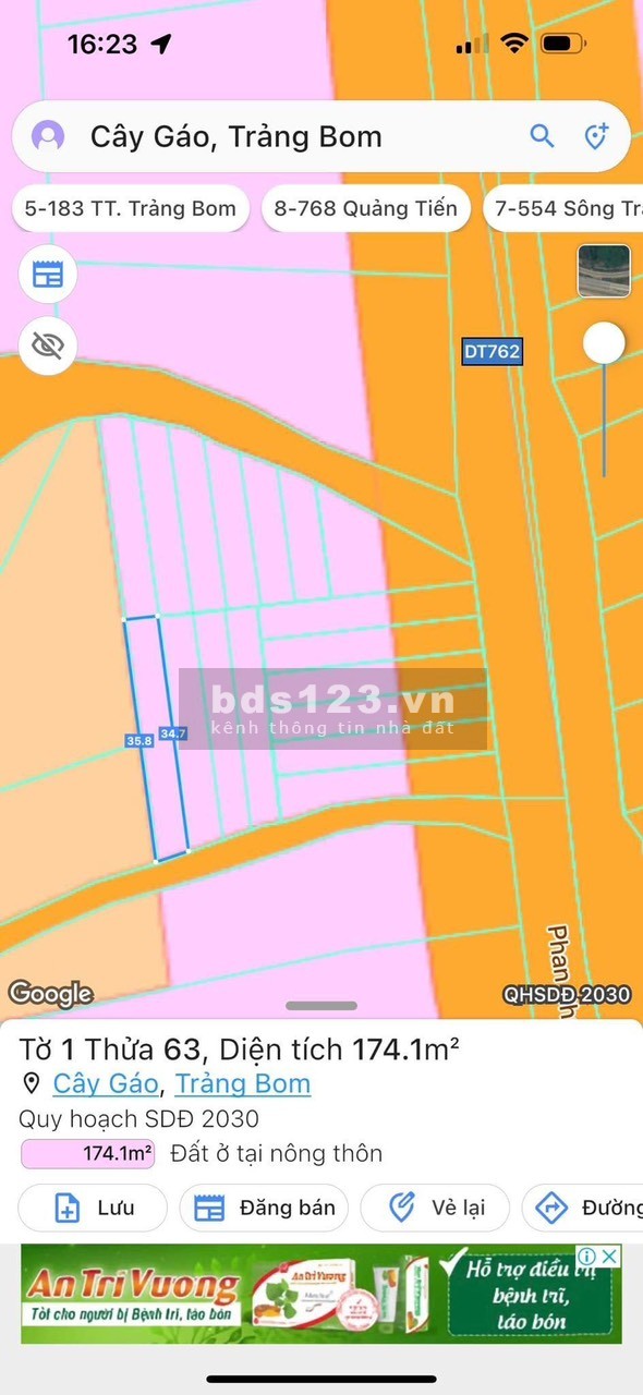Sổ riêng thổ cư 174m ( ngang 5 dài 35m ) _ Thuộc xã Cây Gáo Trảng Bom Đồng Nai