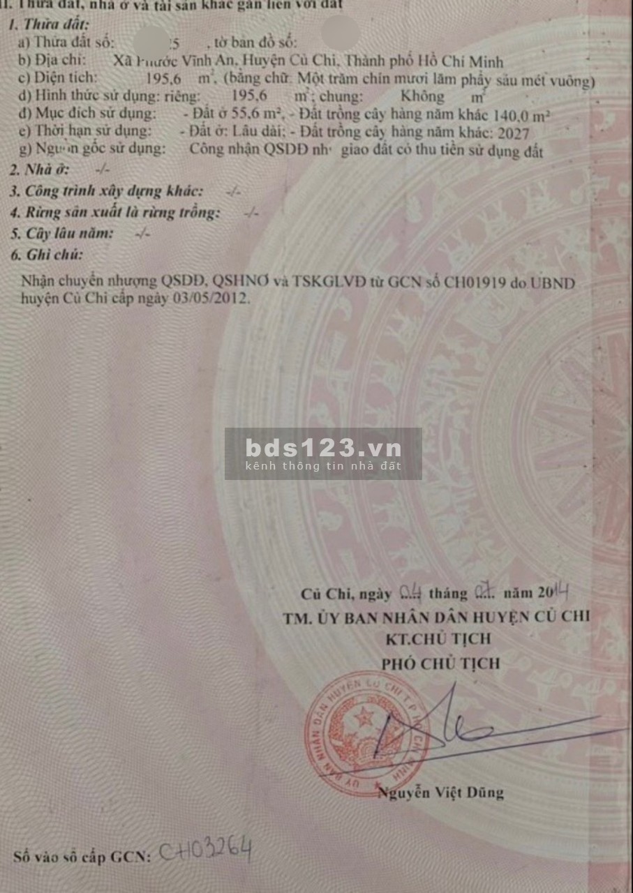 bán căn nhà đường Lê Đức Linh xã Phước Vĩnh An, Huyện Củ Chi. SHR 195,6m , Giá 465 triệu.