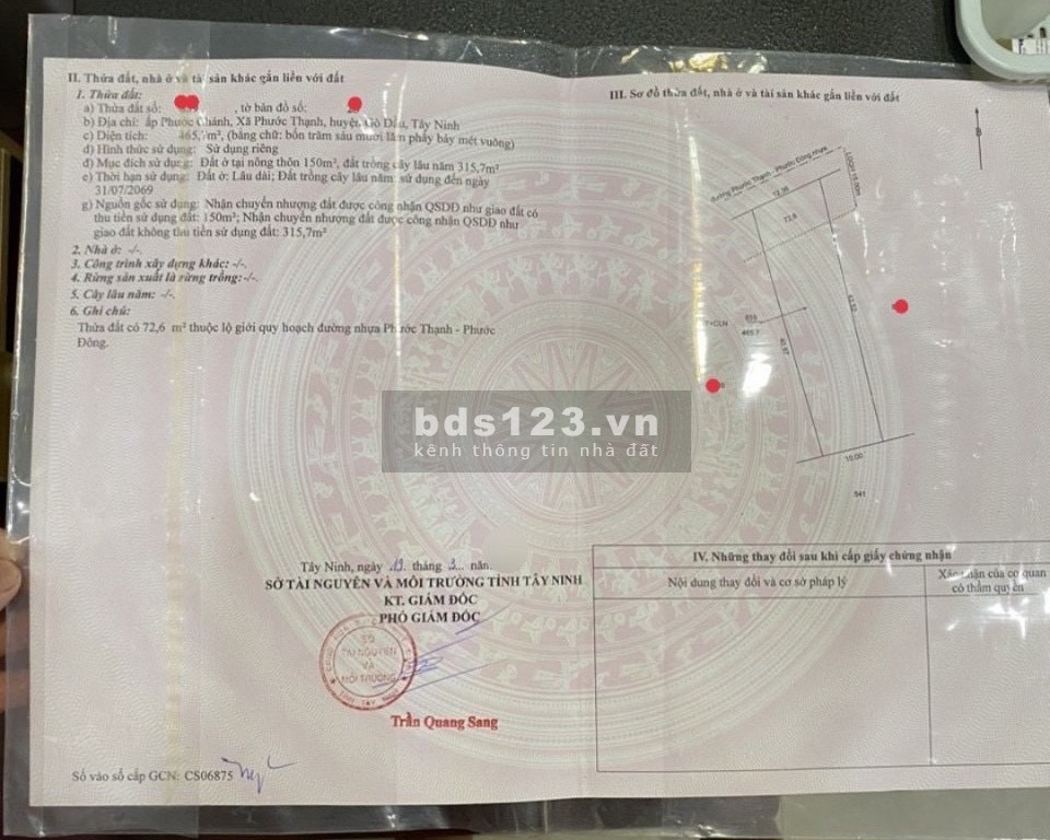 Chỉ 570 triệu tới 465m2 thổ cư, mua bán chính chủ Phước Thạnh, Tây Ninh