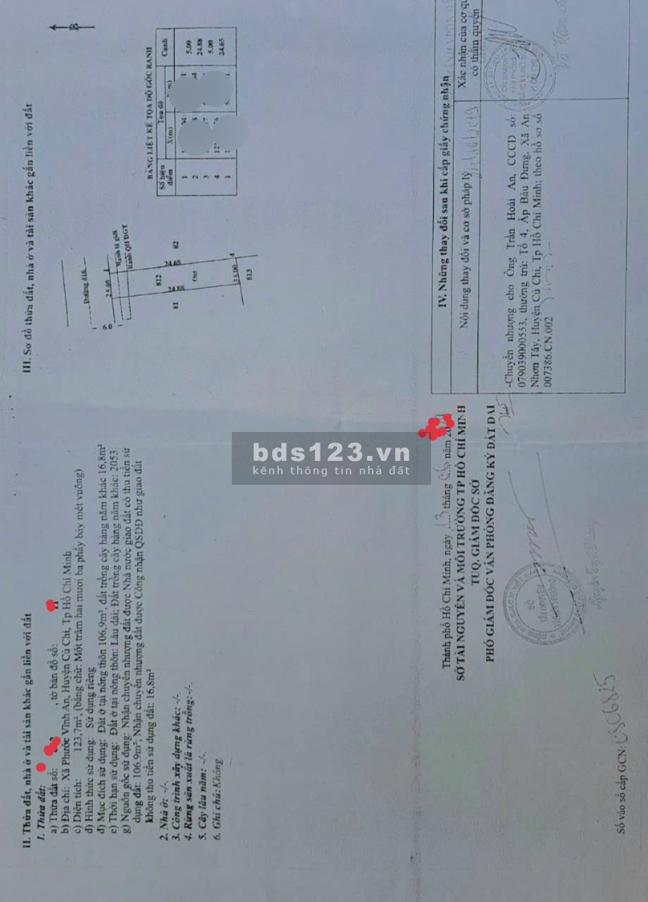 Bán nhanh lô đất đường Lê Thị Sến, xã Phước Vĩnh An, Huyện Củ Chi. SHR 123,7m giá 585 triệu.
