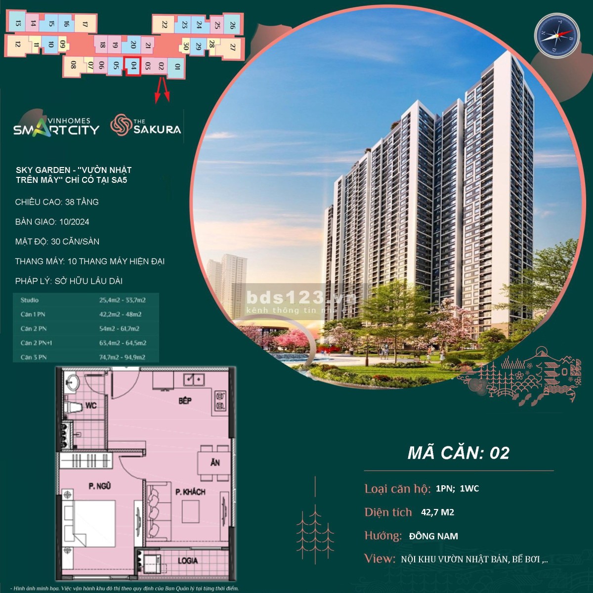 Bán căn 1N rộng 46,2m2 hướng Đông Nam view công viên Nhật Bản, giá nhỉnh 2 tỷ