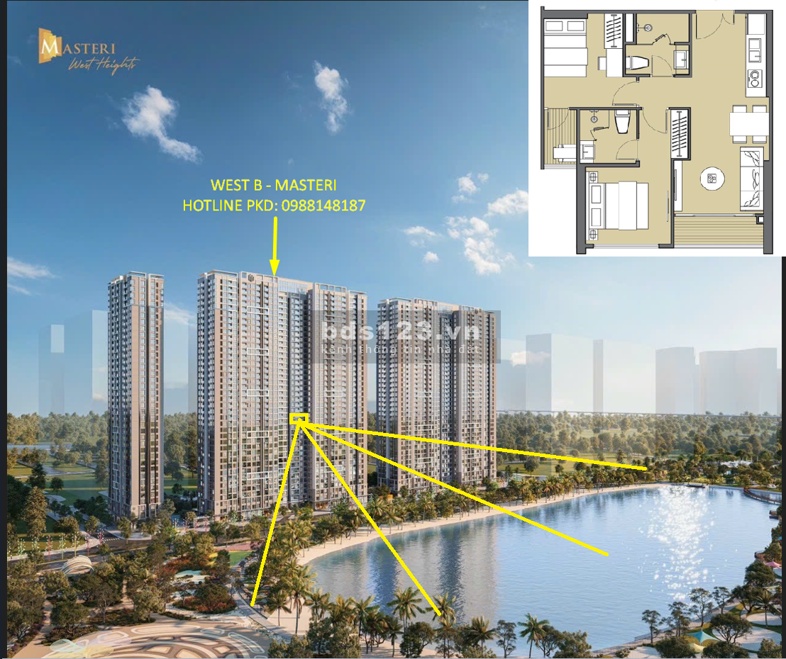 Căn 2PN 2VS tầng 20 view biển hồ tòa B Masteri Vinhomes Smart City. Căn mới CĐT giá gốc 3,62 tỷ