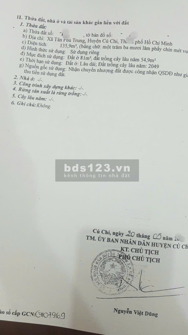 Bán lô đất thổ 135m² đường Cây Da, Tân Phú trung, Củ chi, SHR, 690 triệu