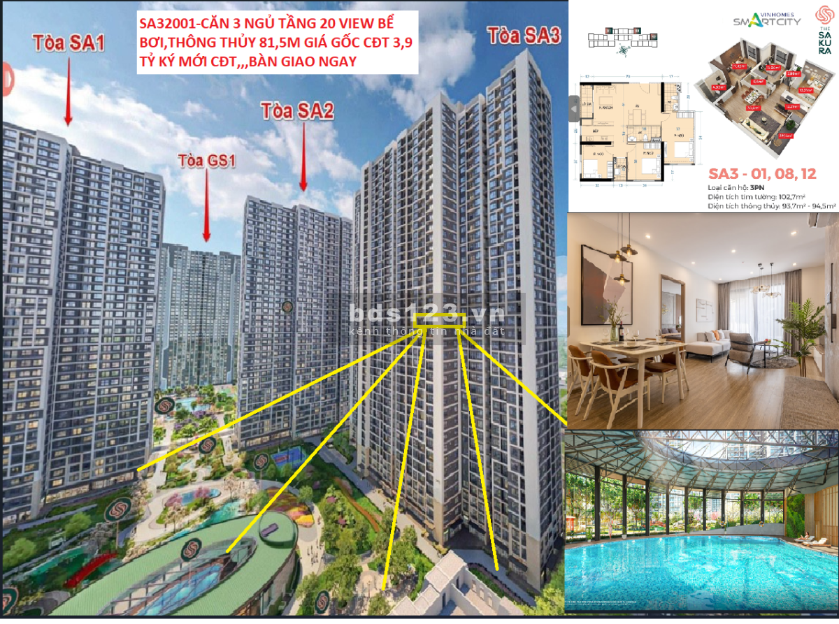 Chiếc khấu 1,1 tỷ căn 3PN tầng 20 Sakura SA3 89M view vườn nhật bể bơi, bàn giao ngay, ký mới CĐT