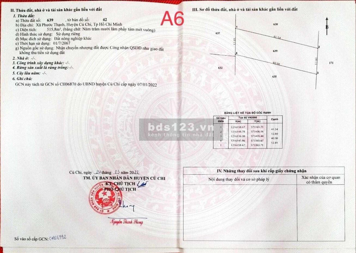 Cần bán hơn 500m2 đất vườn tỉnh lộ 7 , Phước Thạnh Củ Chi SHR Gía chốt 990TR