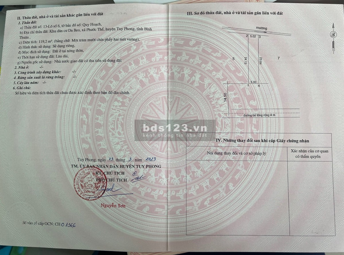 Nằm trên trục đường liên xã (QH: 29m), ngay trung tâm hành chính mới Xã Phước Thể, Tuy Phong.