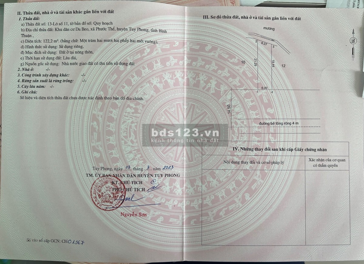 Nằm trên trục đường liên xã (QH: 29m), ngay trung tâm hành chính mới Xã Phước Thể, Tuy Phong.