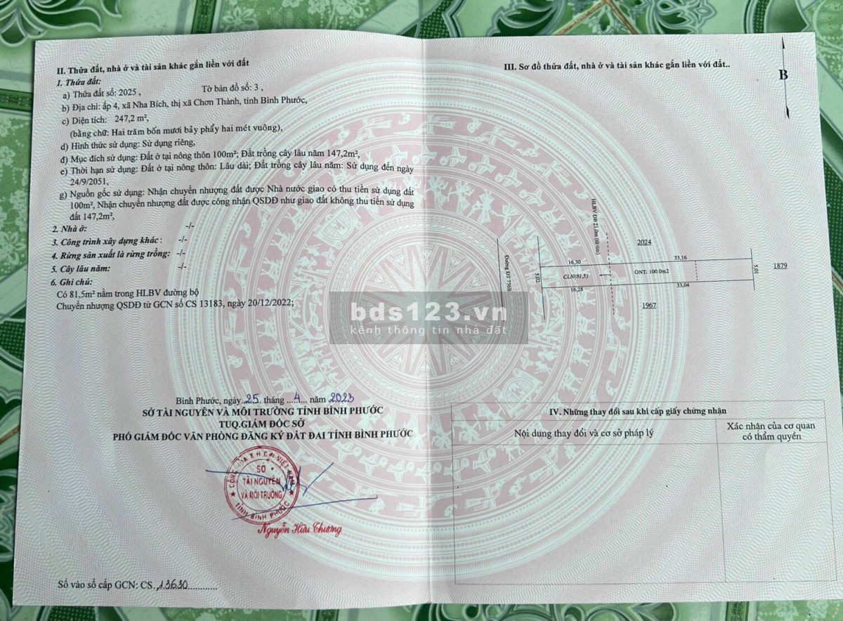 Cần bán đất mặt tiền tại xã Nhã Bích, Chơn Thành