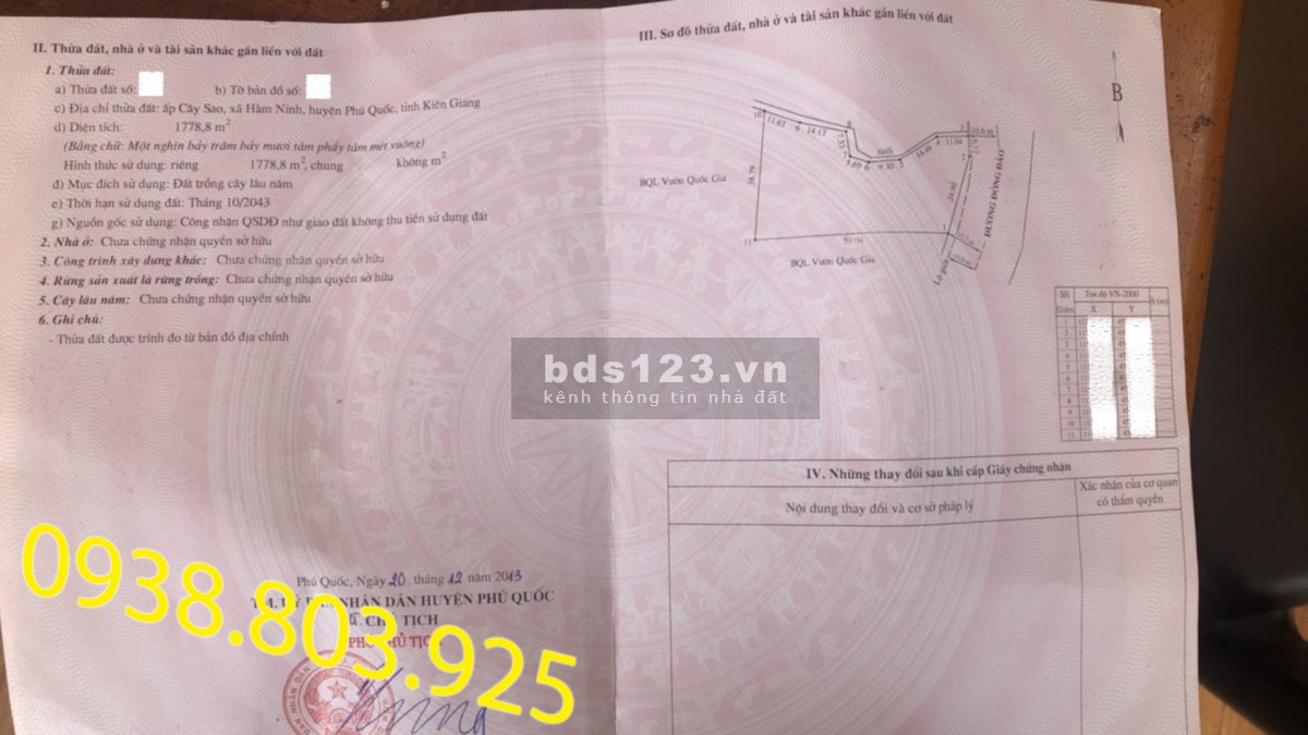 Bán đất đồi sổ hổng 3500m2 - 20 Tỷ Hàm Ninh Phú Quốc. 0938 803 925