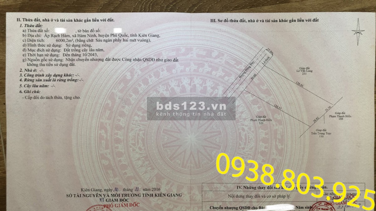 Bán 6000 m2 - 8,5 triệu/m2 đất mặt tiền rạch hàm hàm ninh 0938 803 925