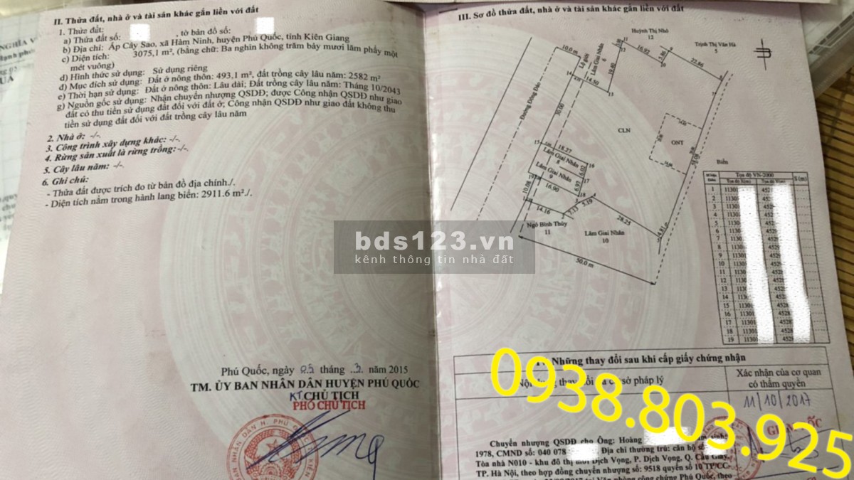 Bán đất thổ cư 3570 m2 mặt tiền biển cây sao phú quốc 0938 803 925