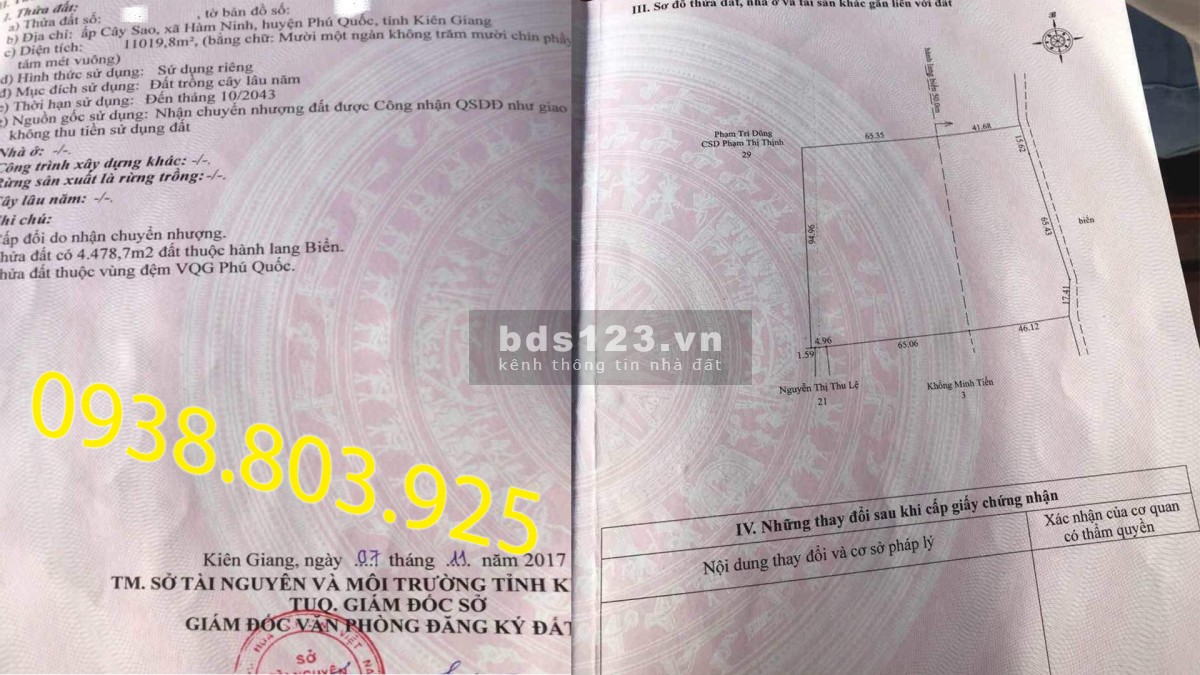 Bán đất 10000 m2 - 10 triệu/m2 mặt biển Cây Sao Hàm Ninh Phú Quốc. 0938 803 925