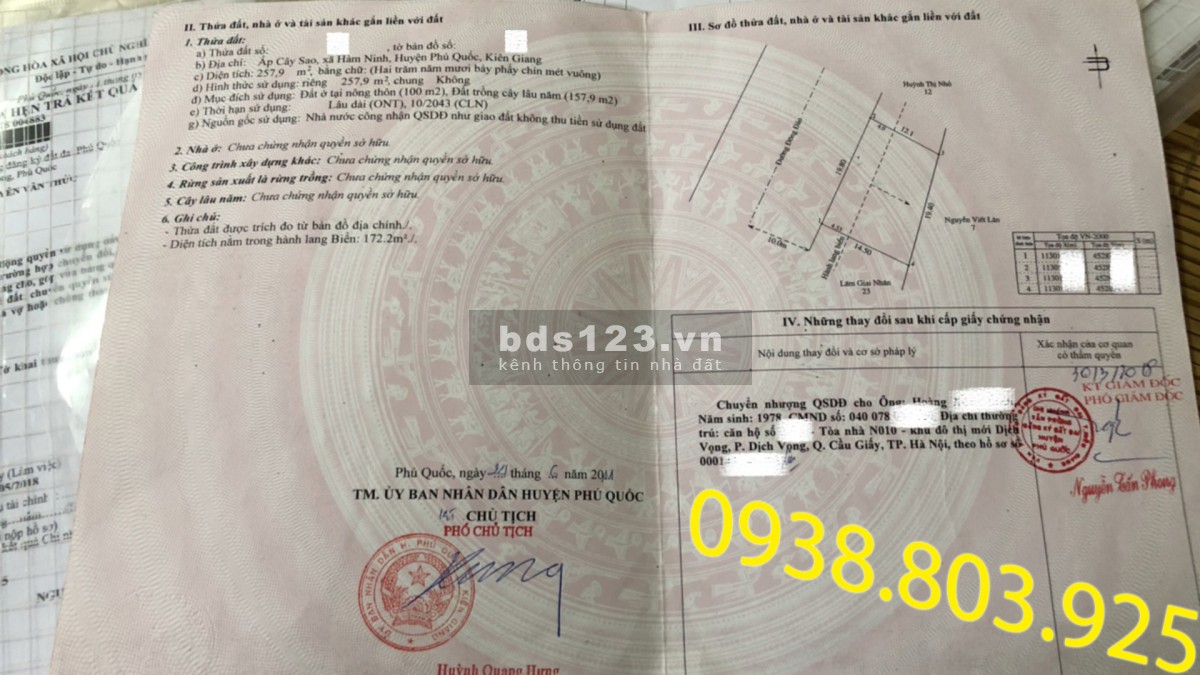 Bán đất thổ cư 3570 m2 mặt tiền biển cây sao phú quốc 0938 803 925