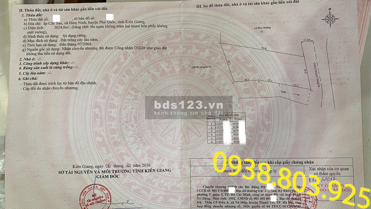 Bán đất 3024 m2 đất đồi Hàm Ninh, Phú Quốc có sổ hồng 0938 803 925